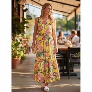 Banjanan 100% Cotton Floral Yellow Print Sleeveless Maxi Dress S Preowned